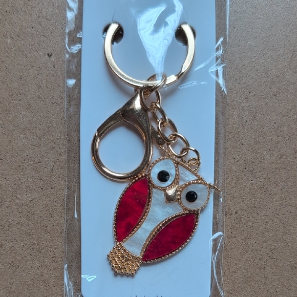 Owl Keychain Bag Charm with Gold and Red Accents - Picture 6 of 6